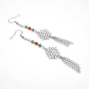 Snowflake Red Green Silver Christmas Holiday Chain Earrings Handmade Jewelry